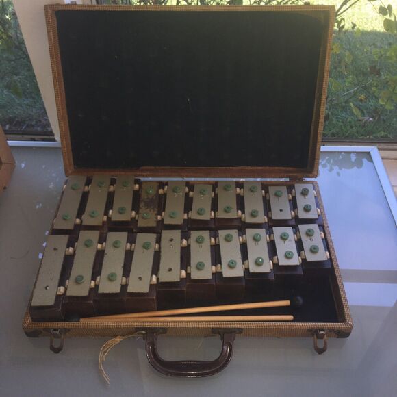 Kitcher Vintage Antique Wood & Brass Xylophone In Antique Travel Case 1940s-50s - Picture 1 of 13